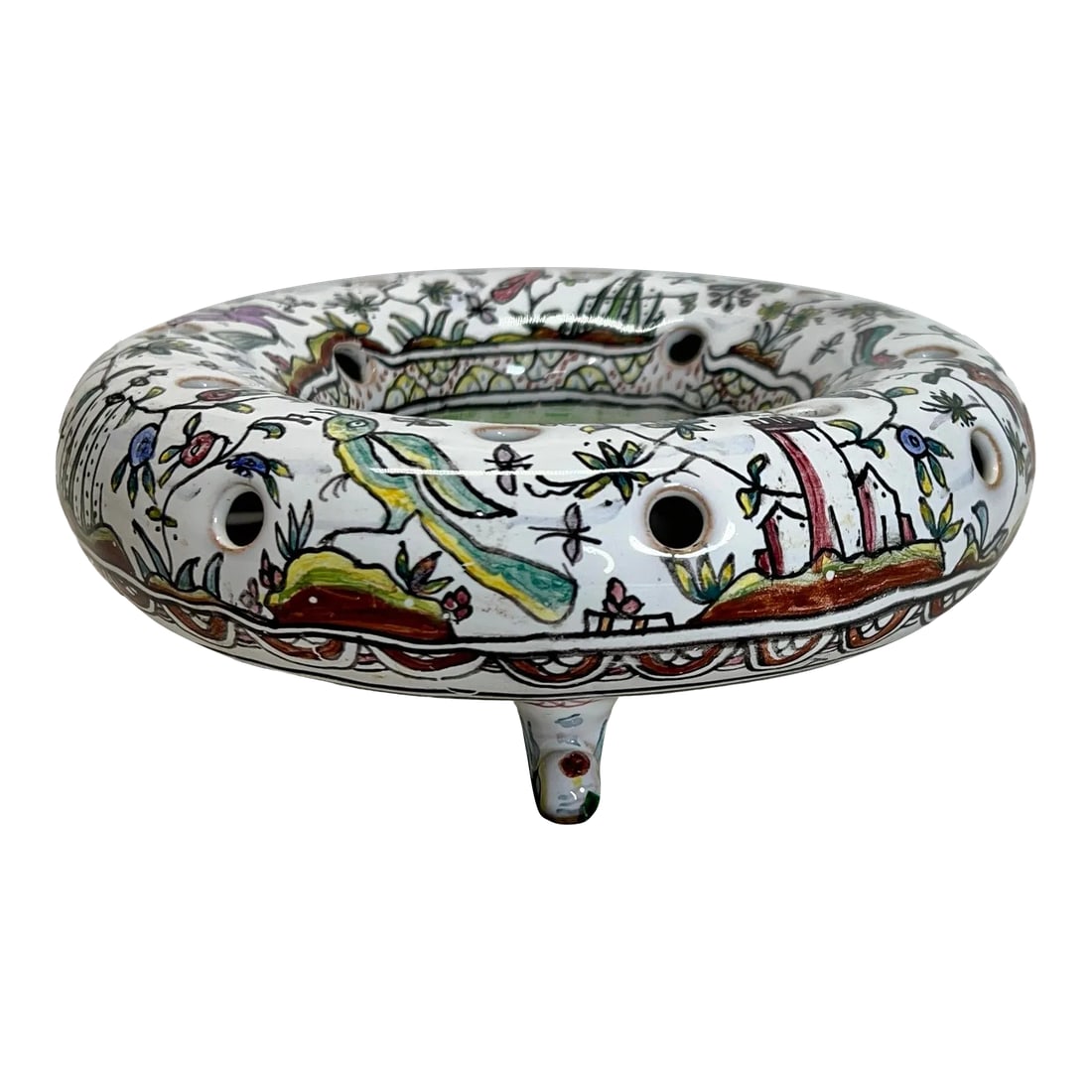 Conimbra Portuguese Ceramic Flower Frog Hand Painted With Woodland Animals: Vintage hand painted ceramic flower frog embellished with woodland animals, rabbits, birds, etc. Made in Portugal. Measures 7" diameter x 2.25" h. Condition: Alterations: Original Condition Unaltered