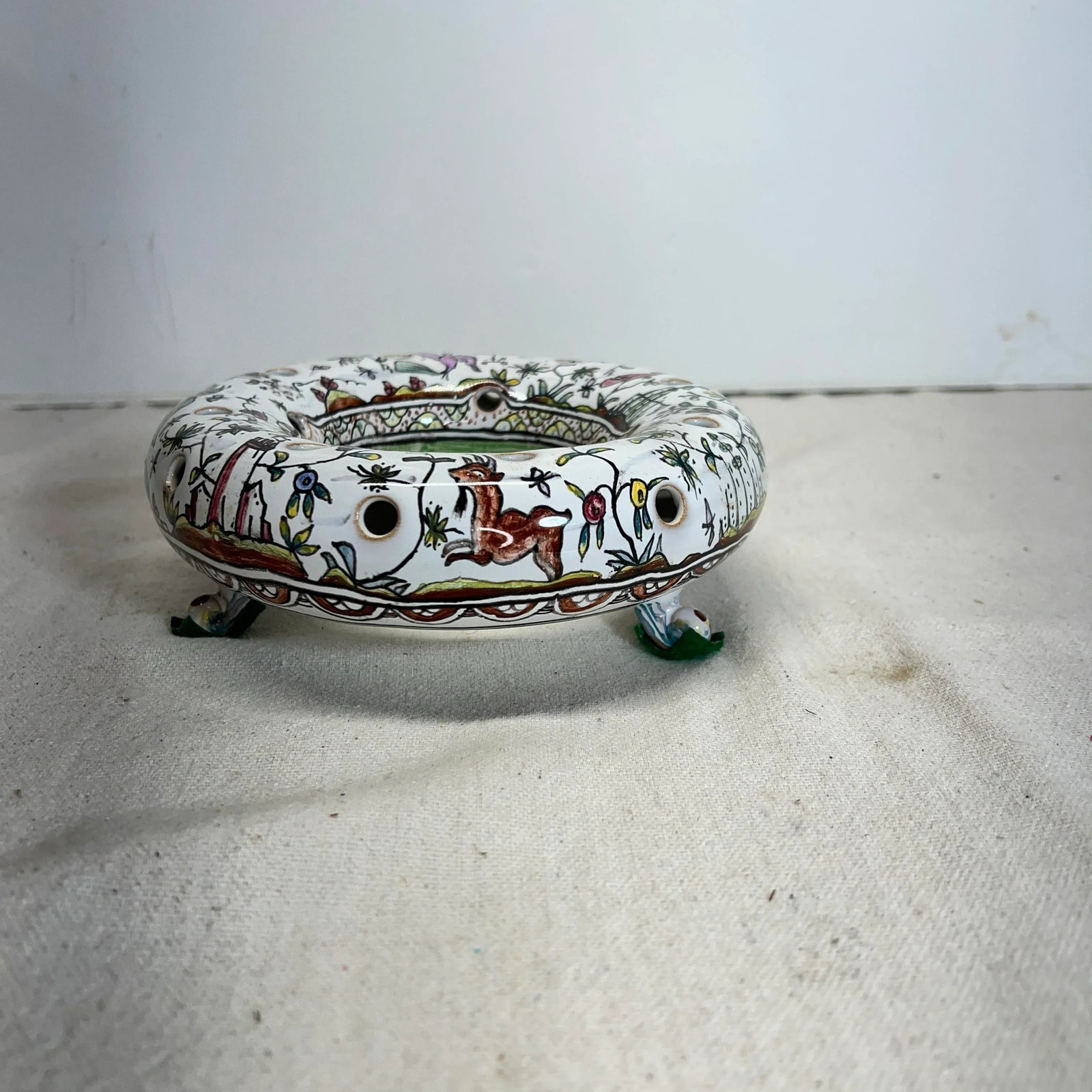 Conimbra Portuguese Ceramic Flower Frog Hand Painted With Woodland Animals - 2
