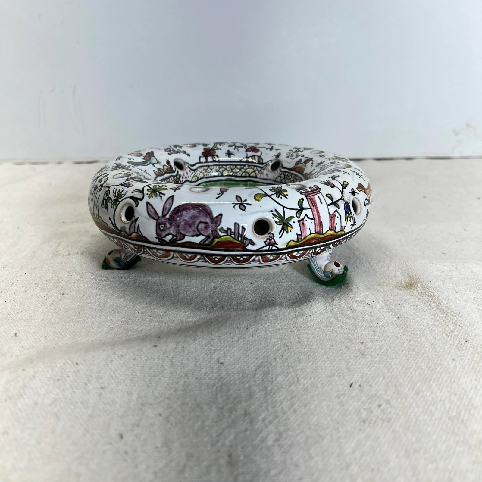 Conimbra Portuguese Ceramic Flower Frog Hand Painted With Woodland Animals - 3