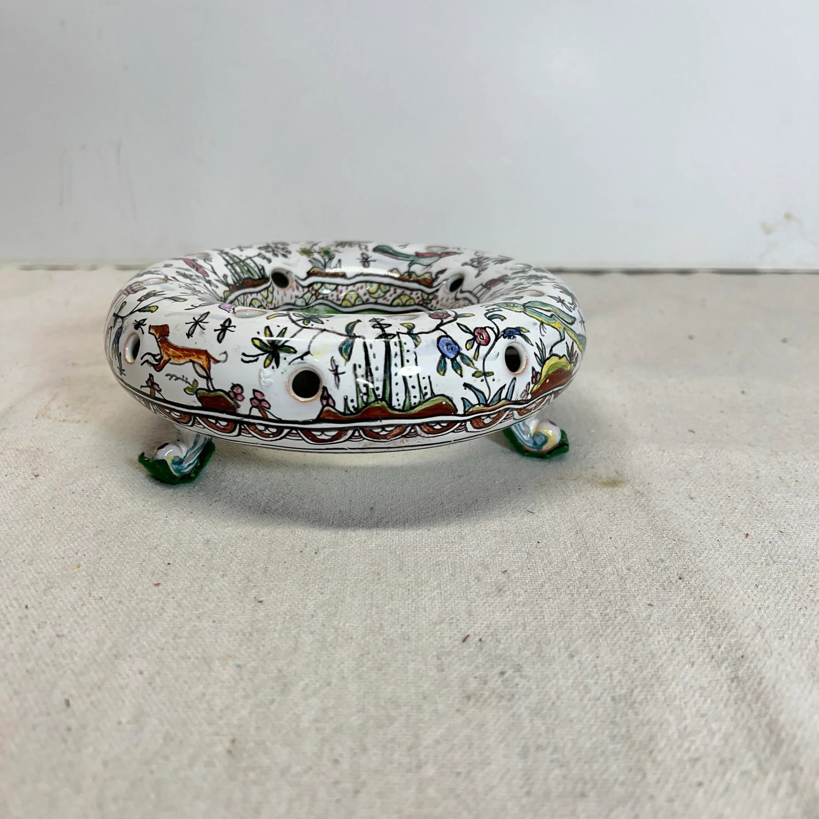 Conimbra Portuguese Ceramic Flower Frog Hand Painted With Woodland Animals - 4