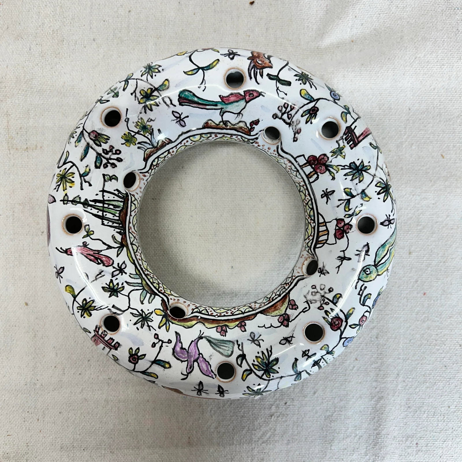 Conimbra Portuguese Ceramic Flower Frog Hand Painted With Woodland Animals - 5