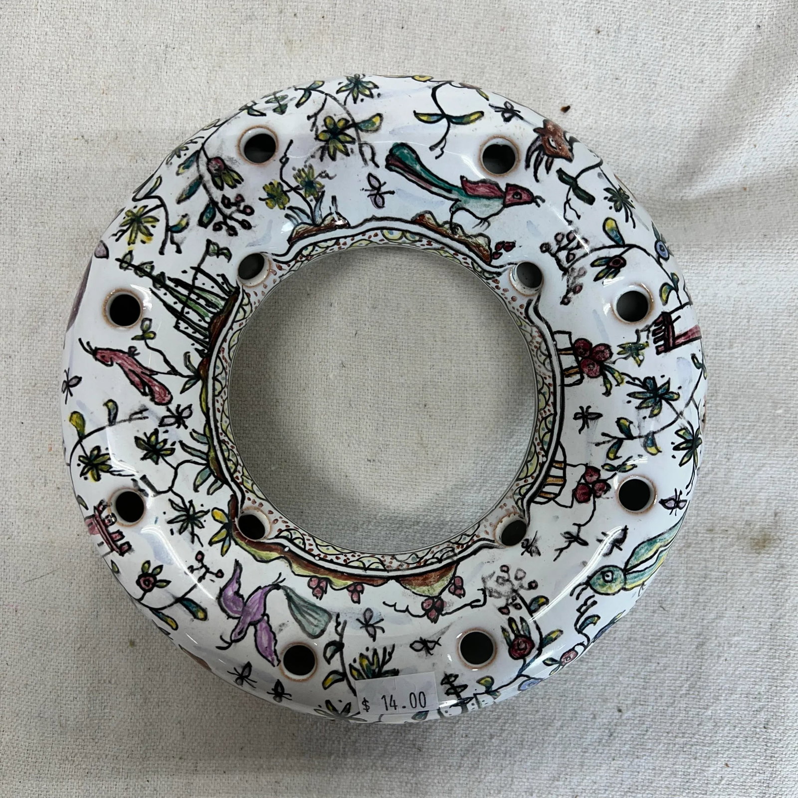 Conimbra Portuguese Ceramic Flower Frog Hand Painted With Woodland Animals - 6