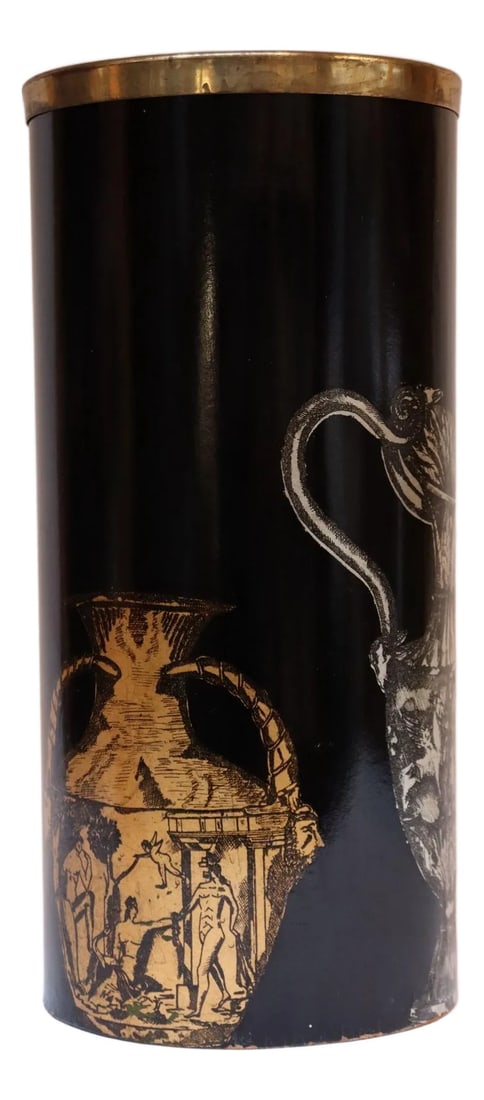Italian Silkscreened Umbrella Stand With Greek Mythology Motif After Fornasetti: Italian silkscreened umbrella stand with greek mythological figures on ewers in the style of Fornasetti (ca. 1950s, Italy). These motifs (coupled with the silkscreened exterior and brass border,