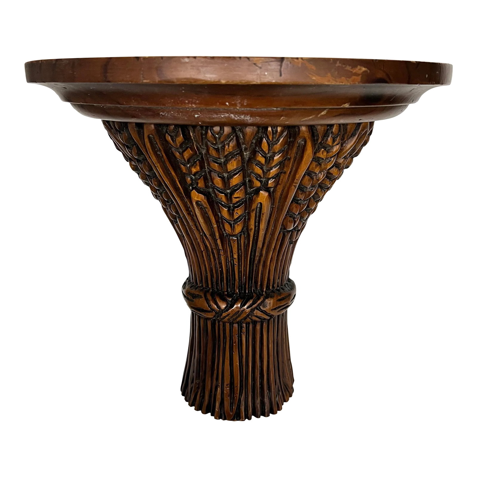Vintage Large Hand Carved Farmhouse Wheat Sheaf Wall Bracket Made in Spain: Vintage large hand carved wooden wheat sheaf decorative wall bracket display shelf. Great place for your prize objects. Measures 15.5" w x 7.75" d x 14" h. Hangers mounted to back for easy