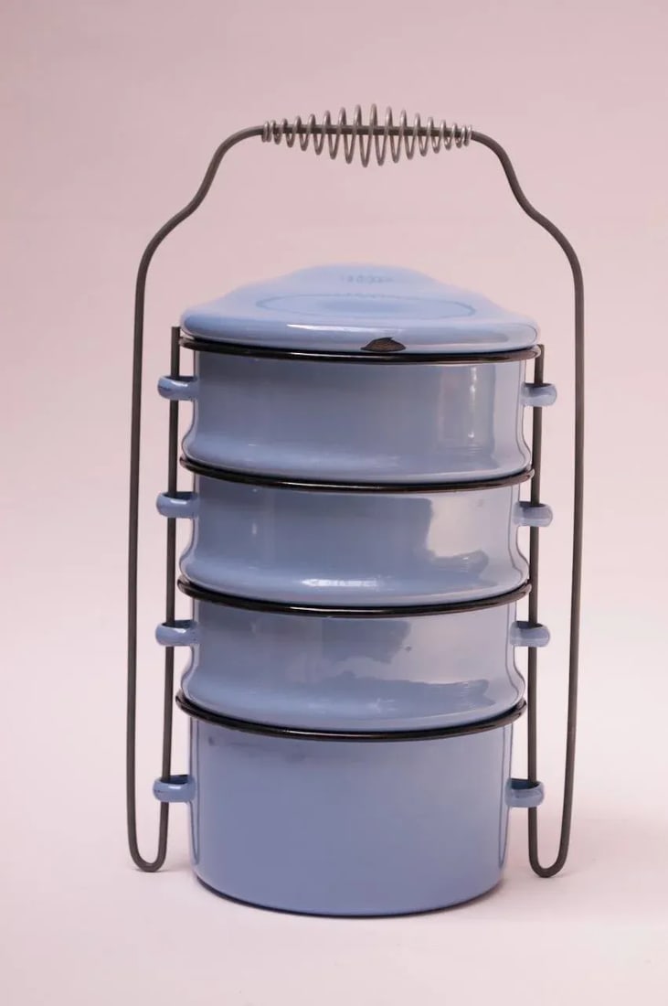 Vintage Blue Enamel Tiffin / Stackable Lunch Pail - 3