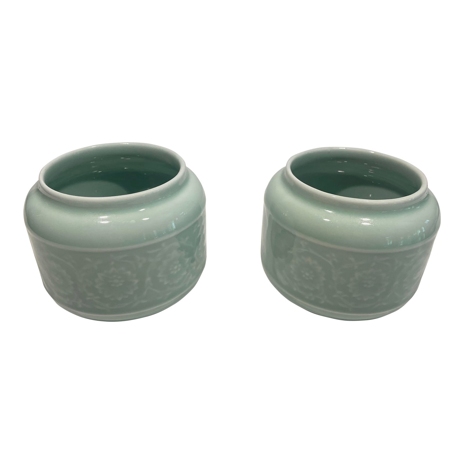 Pair of 1980s Chinese Cerulean Short Flower Vases: This is a lovely pair of simple and subtle short Chinese flower vases that are designed to be a backdrop to a flower arrangement, rather than to upstage the flowers. the simple lines are graceful.