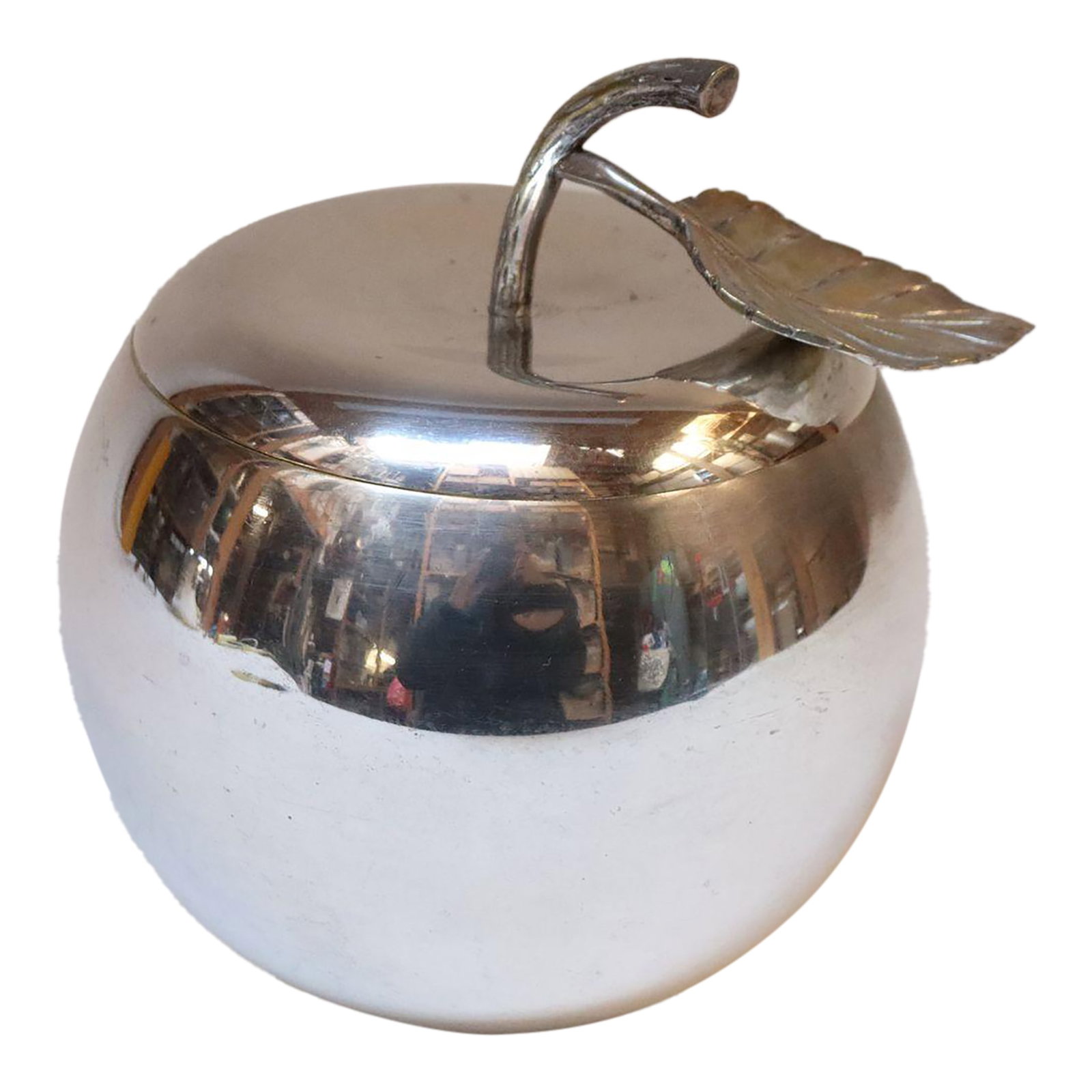 Vintage Italian Modernist Silver-Plated "Apple" Insulated Ice Bucket: Mid-Century Italian Modern "apple-form" ice bucket with silver plate exterior and cream plastic interior (ca. 1960s). Features a heavily textured, sculptural petiole and leaf decoration that serves as