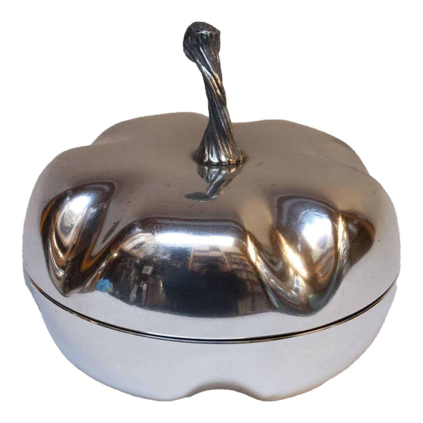 Vintage Italian Modernist Silver-Plated "Squash" Lidded Serving / Candy Dish: Mid-Century Italian Modern silver-plated snack/candy/serving dish with lidded top formed to resemble a squash. This is a shorter, uninsulated version of fruit and vegetable-formed ice buckets made in 