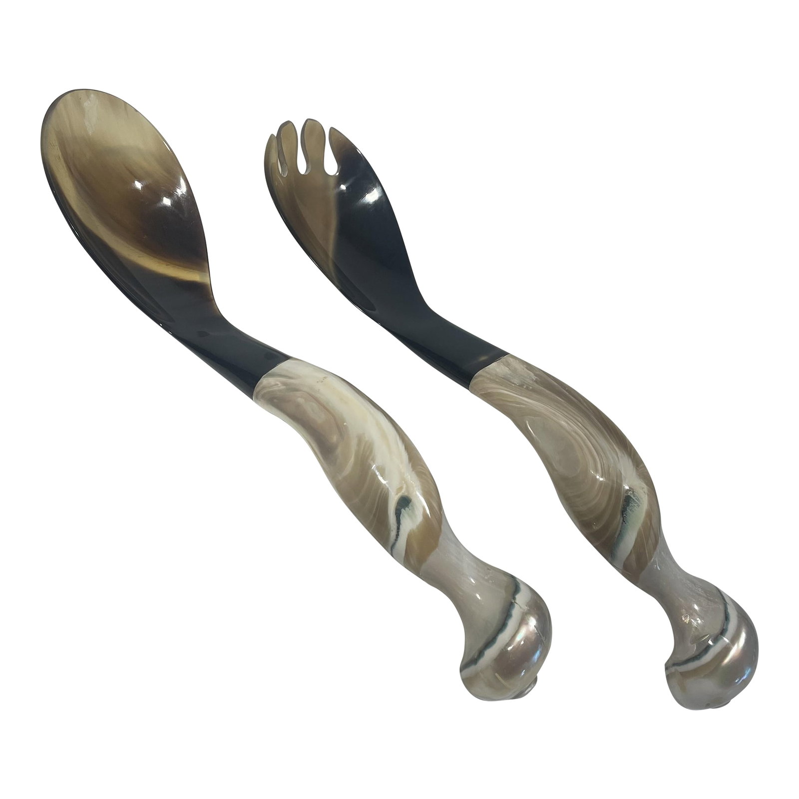 Late 20th Century Artisan Crafted Horn and Shell Serving Utensils - a Pair: These serving utensils are handmade by a Vietnamese artist, and have a decidedly organic feel to them.. They are made of horn and shell. The shell handles are beautifully finished, so that they are