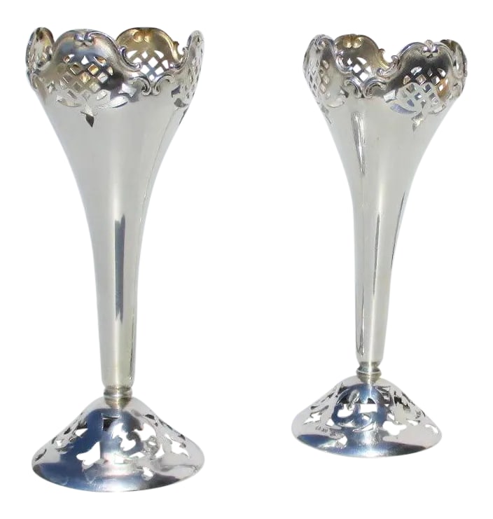 German 800 Silver Flower Vases - a Pair: Silver vases with pierced work decorations from the early 20th century. Hallmarked to the foot Small floral vase for a very formal table setting. Size 6" tall, 2.5" tall. Condition: Alterations: