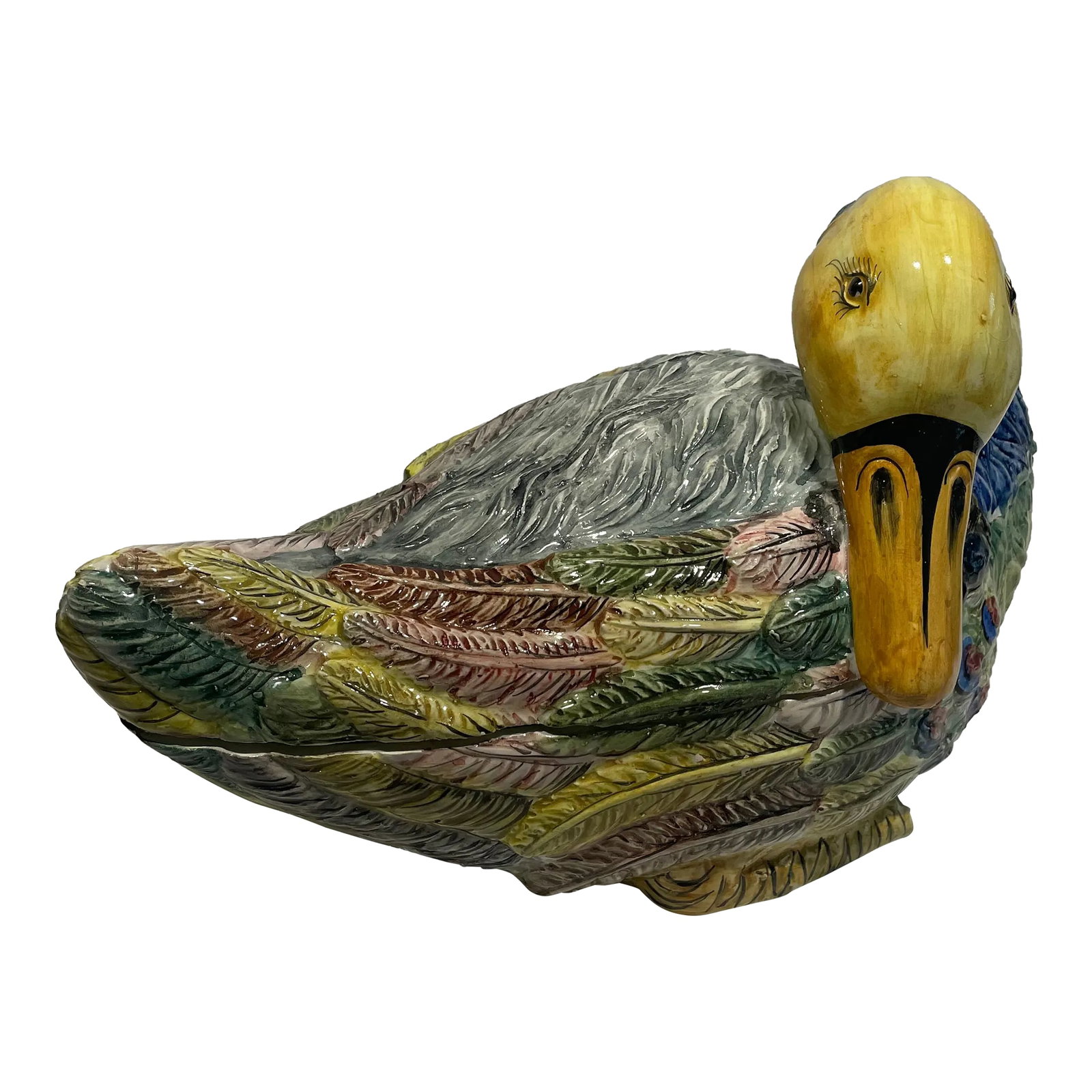 Vintage Large Hand-Painted Italian Ceramic Duck Tureen: A showstopping soup tureen from 1970s Italy! Sure to be a conversation starter at your next dinner party. This sweet duck presents a demure, shy personality in the way its head is tilted to look at