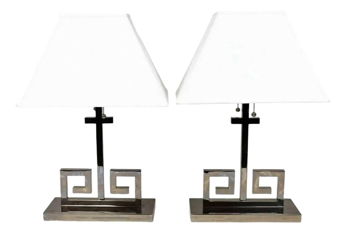 Pair of Greek Key Chrome Table Lamps (1 of 3)