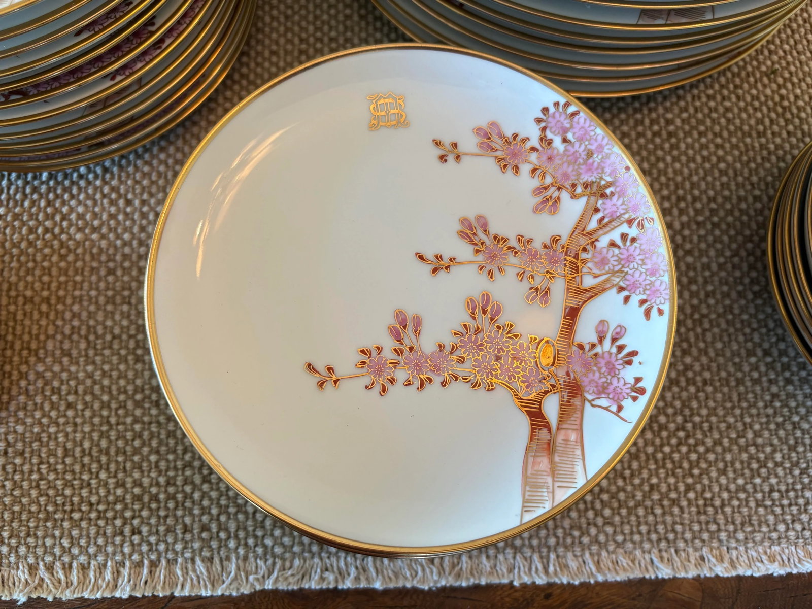 Vintage 72 Piece Dinnerware Set Featuring Hand-Painted Gilded Cherry Blossoms by Soko China - 3