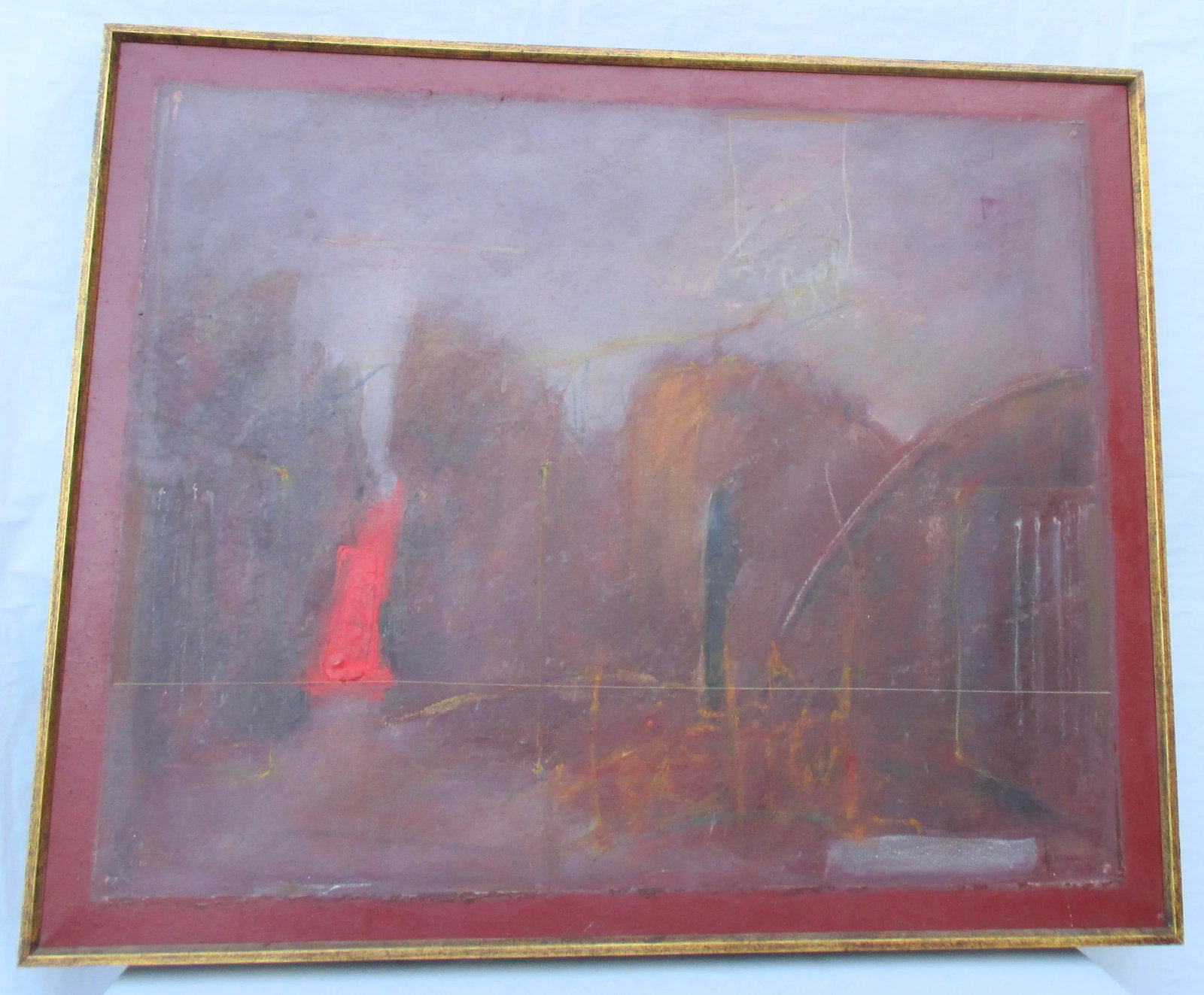 Dark Day in Heaven Angels Flying Low Art 1977 Painting: Dark Day in Heaven Angels flying Low. Painting on canvas so titled on the reverse with date 9/77. Abstract composition with a string ( the thin line across the image in the lower quarter in thread