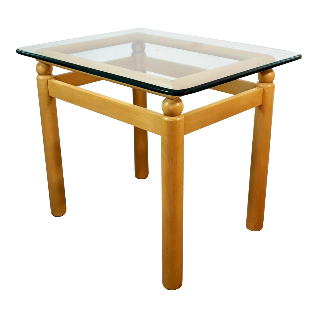 1990's Postmodern Ethan Allen Solid Maple & Glass End Table: Vintage 1990's Post Modern side table for sale. Manufactured by Ethan Allen here in the US, and really well made. Manufactured in 1994, and part of the American Dimensions series. It's made of solid m
