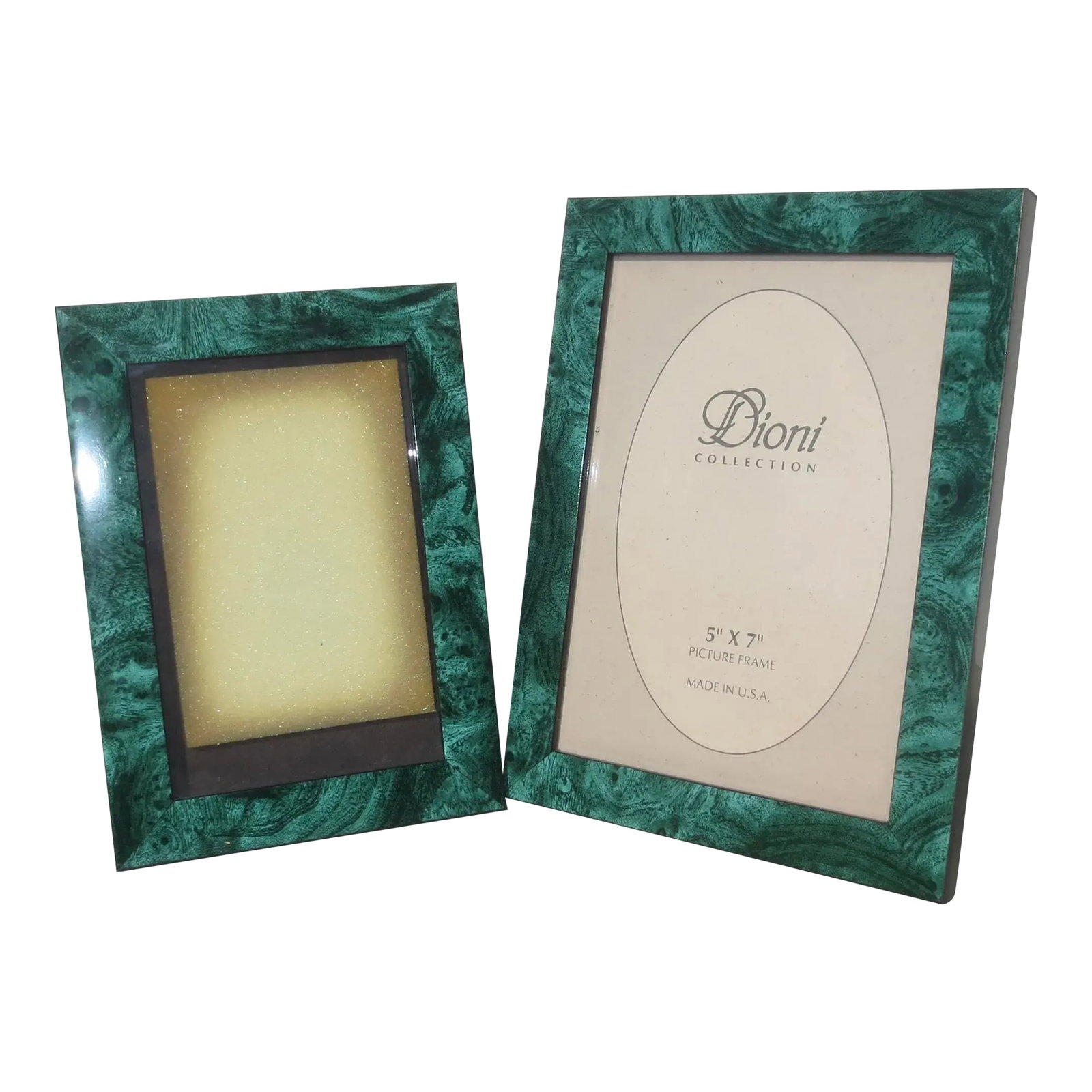 Pair of Photo Frames- A Pair of 2: Dark Green lacquer pair of photo frames by Dioni. Modern dark green pattern resembling abstracted wood grain or malachite. Glass faces and with black velvet backstands, and with wall hanging hooks. Th
