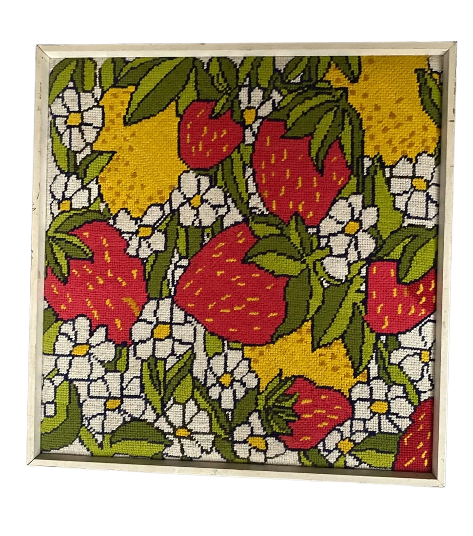 Vintage Handmade 1970s Strawberry, Lemon and Daisy Needlepoint Wallhanging in White Wood Frame - 2