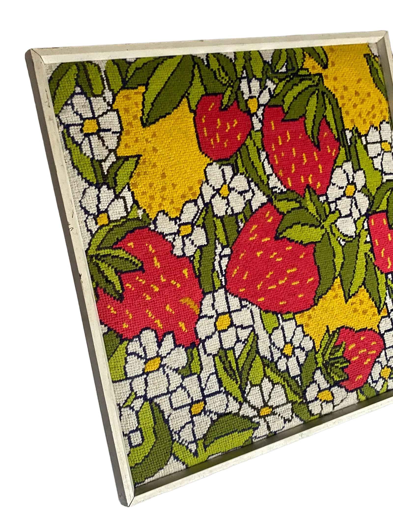 Vintage Handmade 1970s Strawberry, Lemon and Daisy Needlepoint Wallhanging in White Wood Frame - 3