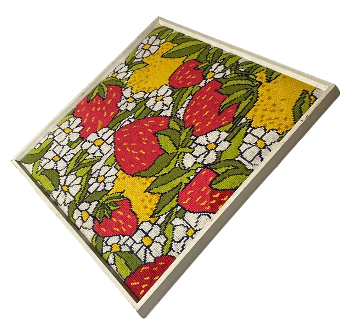 Vintage Handmade 1970s Strawberry, Lemon and Daisy Needlepoint Wallhanging in White Wood Frame - 4