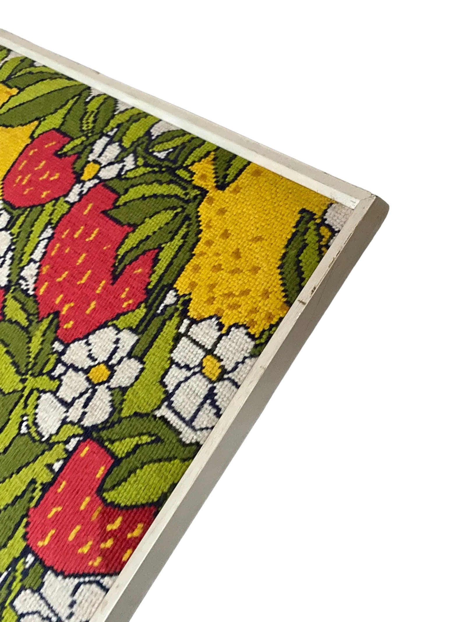 Vintage Handmade 1970s Strawberry, Lemon and Daisy Needlepoint Wallhanging in White Wood Frame - 5