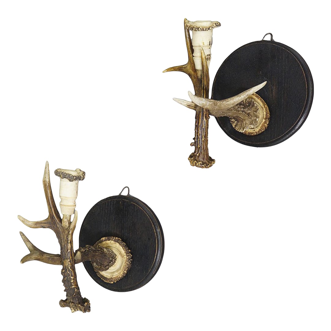 A Pair Great Black Forest Wall Sconces With Deer Horns, Germany Ca. 1900: A Pair Great Black Forest Wall Sconces with Deer Horns, Germany ca. 1900 An antique pair of Black Forest sconces for candles. Each made of original deer horns which are mounted on a turned wooden base