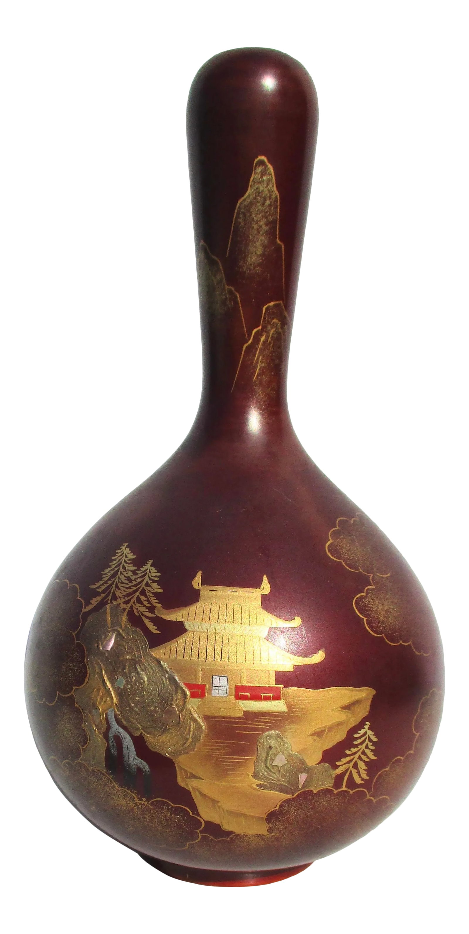 Occupied Japan Lacquered Saki Bottle: Beautiful lacquered bottle with a handpainted landscape in gold dust and gold lacquer. Abalone fragments in various areas. Soft oxblood color over a metal body. Marked to the bottom Handmade in