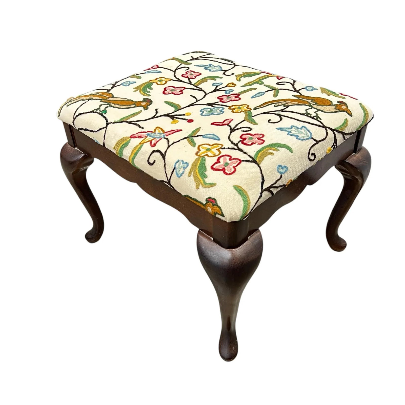 American Drew Queen Ann Leg Ottoman W/ Bird and Floral Design Crewel Embroidered Fabric - 2