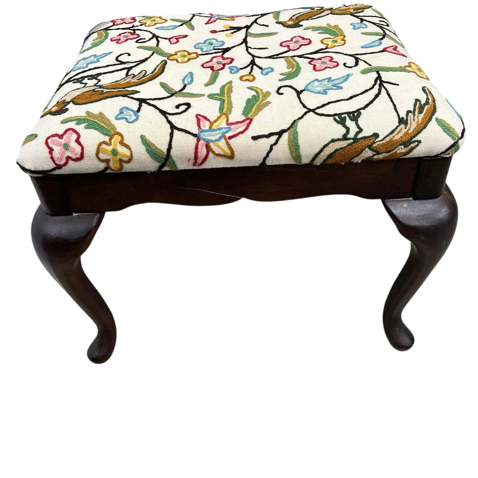 American Drew Queen Ann Leg Ottoman W/ Bird and Floral Design Crewel Embroidered Fabric - 3