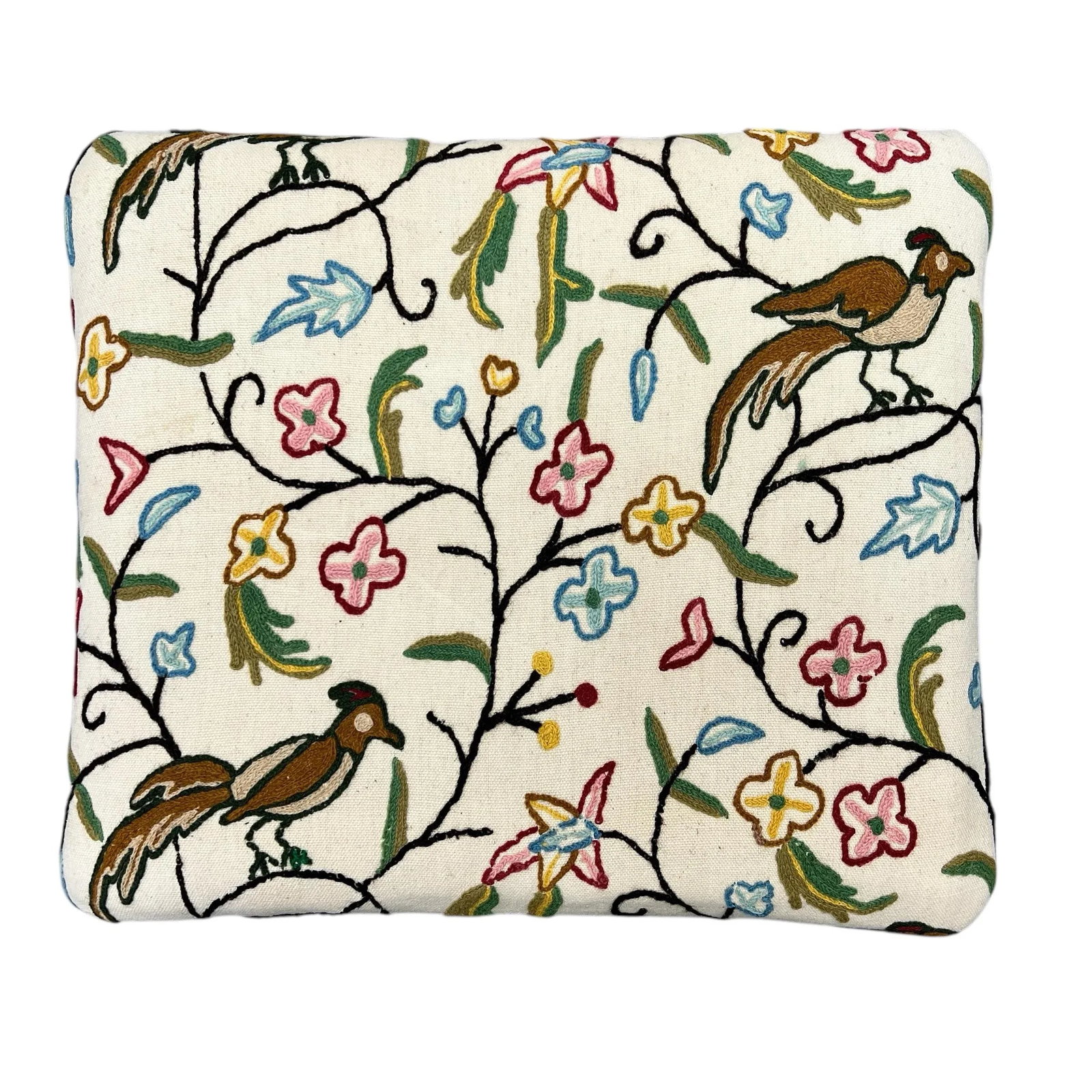American Drew Queen Ann Leg Ottoman W/ Bird and Floral Design Crewel Embroidered Fabric - 6