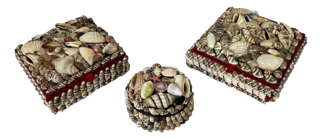 Mid Century Coastal Seashell Trinket Boxes - Set of 3: Set of 3 mid century seashell boxes, 2 - 4.5" square x 2" h, 1 - 3" diameter x 2" h. All have felt lining on the inside. Made in the Philippines. Condition: Alterations: Original Condition Unaltered