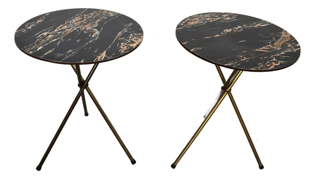 1950's Mid-Century Modern Faux Marble & Brass Side Tables - A Pair: Pair of original 1950's Mid-century Modern side tables for sale. They have a faux marble formica top with a sculptural tripod base. The formica faux marble tops are in excellent condition with no