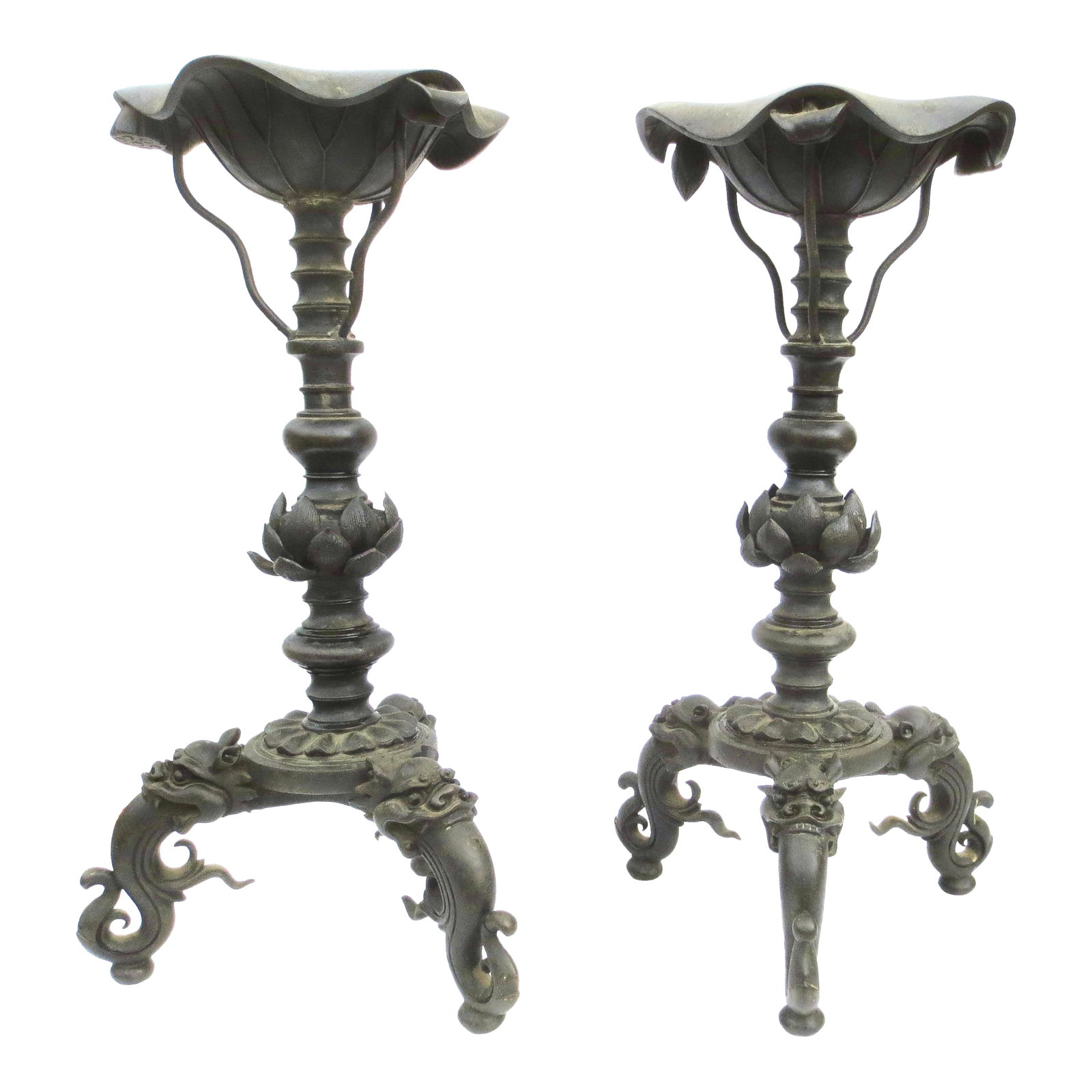 Pair Chinese Ming Bronze Candle Sticks- A Pair of 2 (1 of 10)