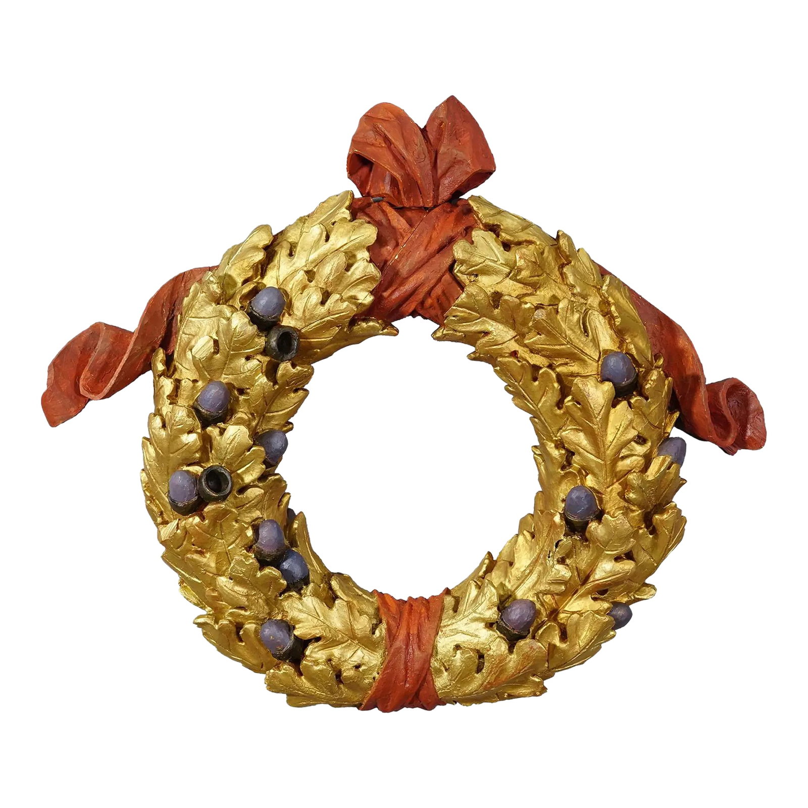 Antique Wooden Carved Door Wreath With Acorns, Germany Ca. 1930s: Antique Wooden Carved Door Wreath with Acorns, Germany ca. 1930s A large antique carved wooden door wreath with oak leaves and acorns as well as a scarf. Hand-carved in Germany around the 1930s. Gilde
