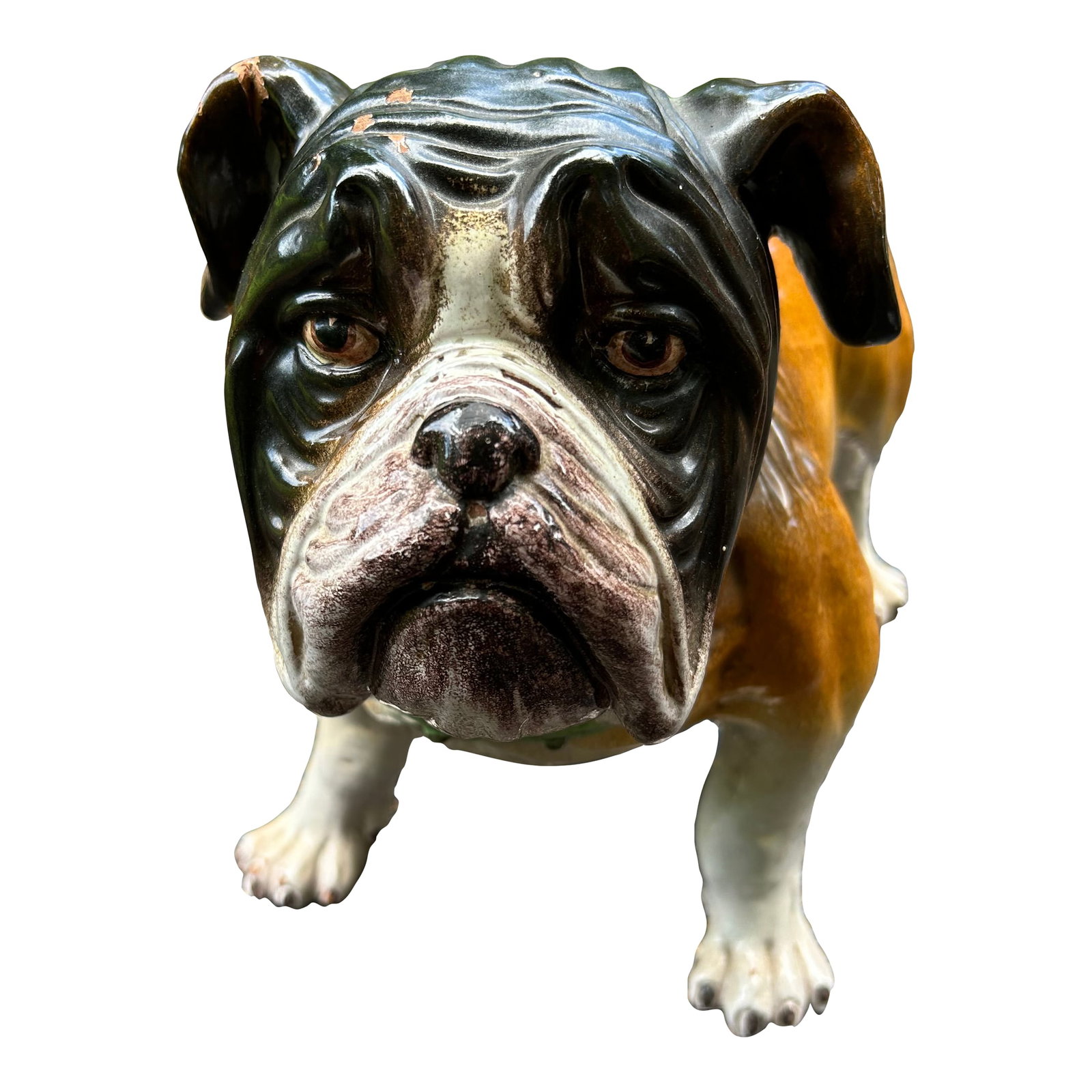 Large Ceramic Painted Bulldog Sculpture: Fetching large ceramic bulldog sculpture with great coloring and stance. Heavy and substantial. Condition: Alterations: Restored Imperfections: Some Imperfections Condition Notes: Good. Repaired: One