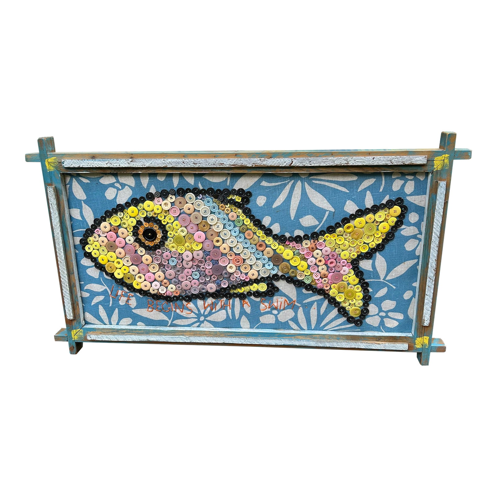 Mary Teeter Maine Self Taught Artist Button Art of Fish: Life Begins with a Swim" is embroidered on this whimsical fabric and button adorned art of a big fish by Maine self taught artist Mary Teeter. Frame is painted reclaimed wood. We have 3 of her pieces