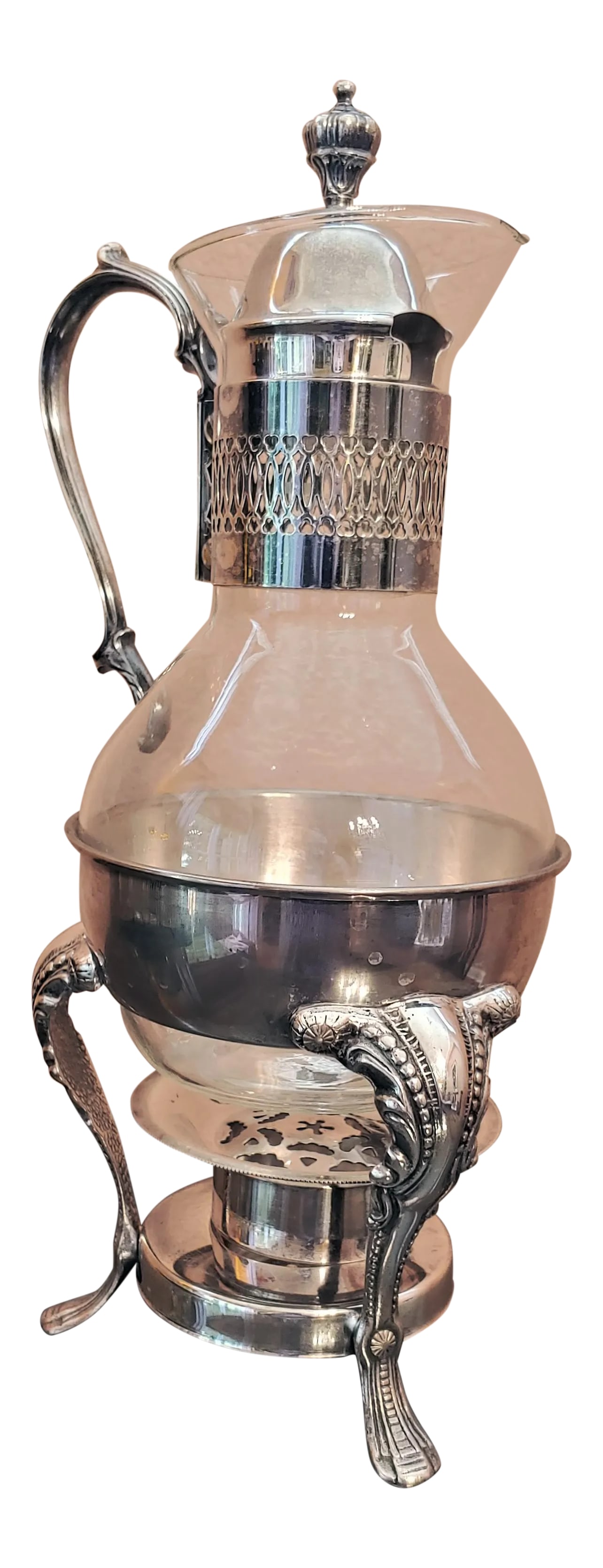 Early 20th Century Silver Plate Wine or Spirits Decanter With Warmer: Rare to find today, American silver plated spirits decanter with tea-light warmer. It can also be used for coffee or tea service. This piece dates to the early 20th century, probably from the 1920s