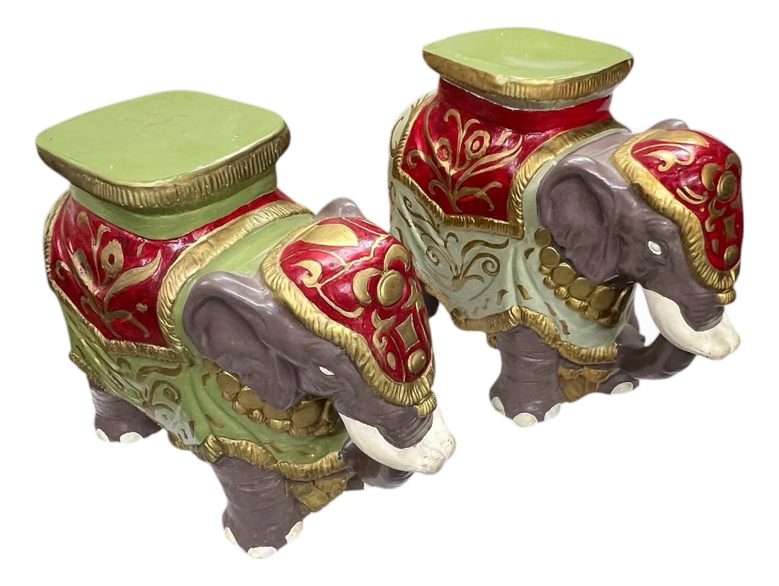 Vintage Elephant Garden Stools - A Pair: Vintage elephant ceramic garden stools. Look closely as they are not painted exactly the same. The green blanket area differs slightly in color. There are some small white spots in different areas on
