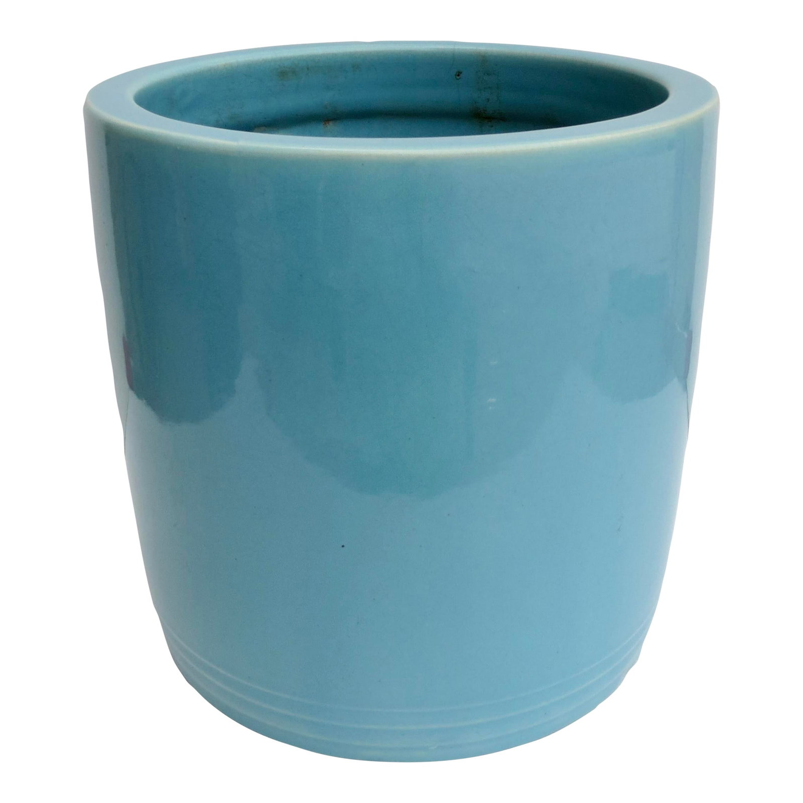 Turquoise 1980s Japanese Ceramic Hibachi: Japanese heavy stoneware and glazed Hibachi. Pure shape and design with only 3 small parallel lines found around the lowest part of the outer walls. Turquoise glaze over the whole outer surface and