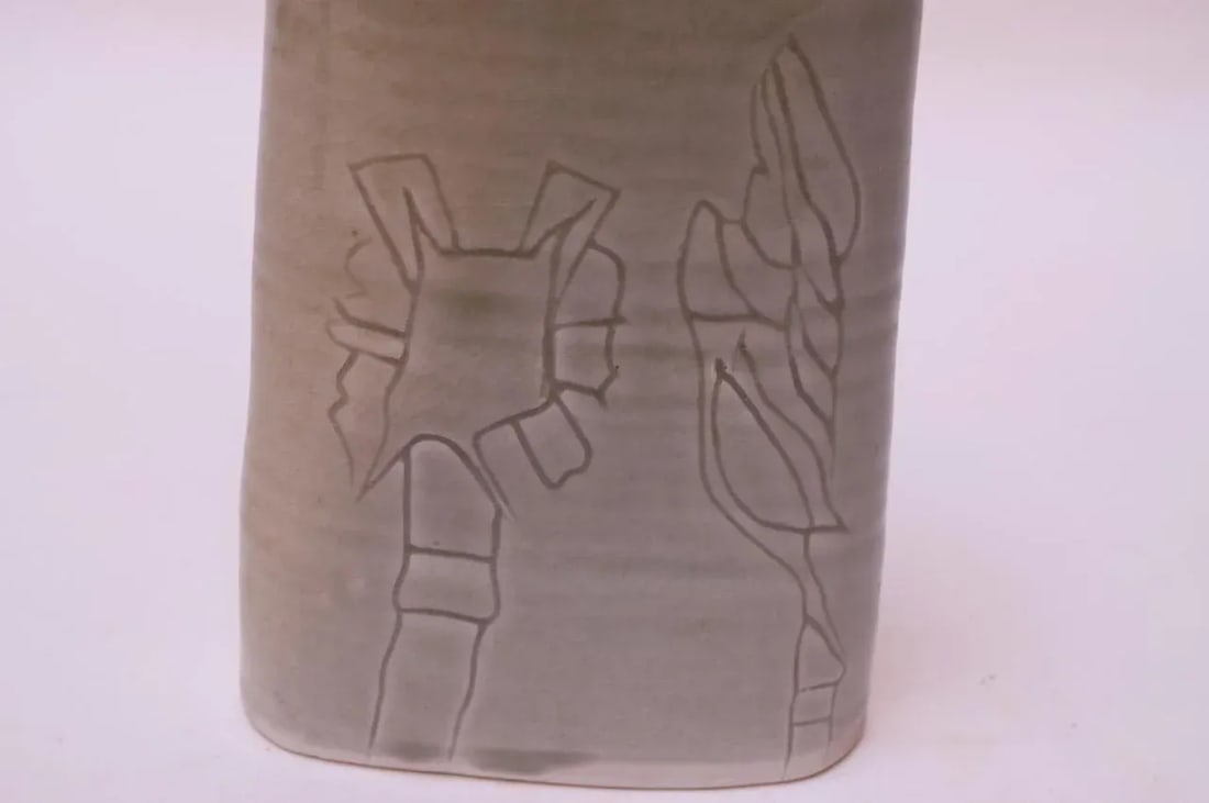 Studio Stoneware Pale Green Floral Vase Signed Pollack, 1976 - 2