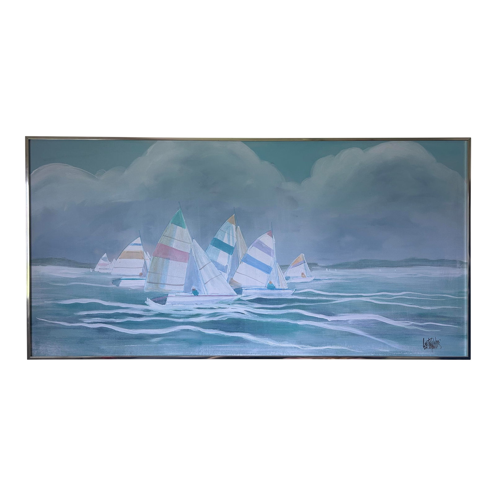 1970s Lee Reynolds Vintage Ocean Painting With Sailboats, Framed: Vintage gold framed painting by Lee Reynolds colorful sailboats sailing the sea. Large painting for any decor excellent condition metal gold framed Condition: Alterations: Original Condition Unaltered