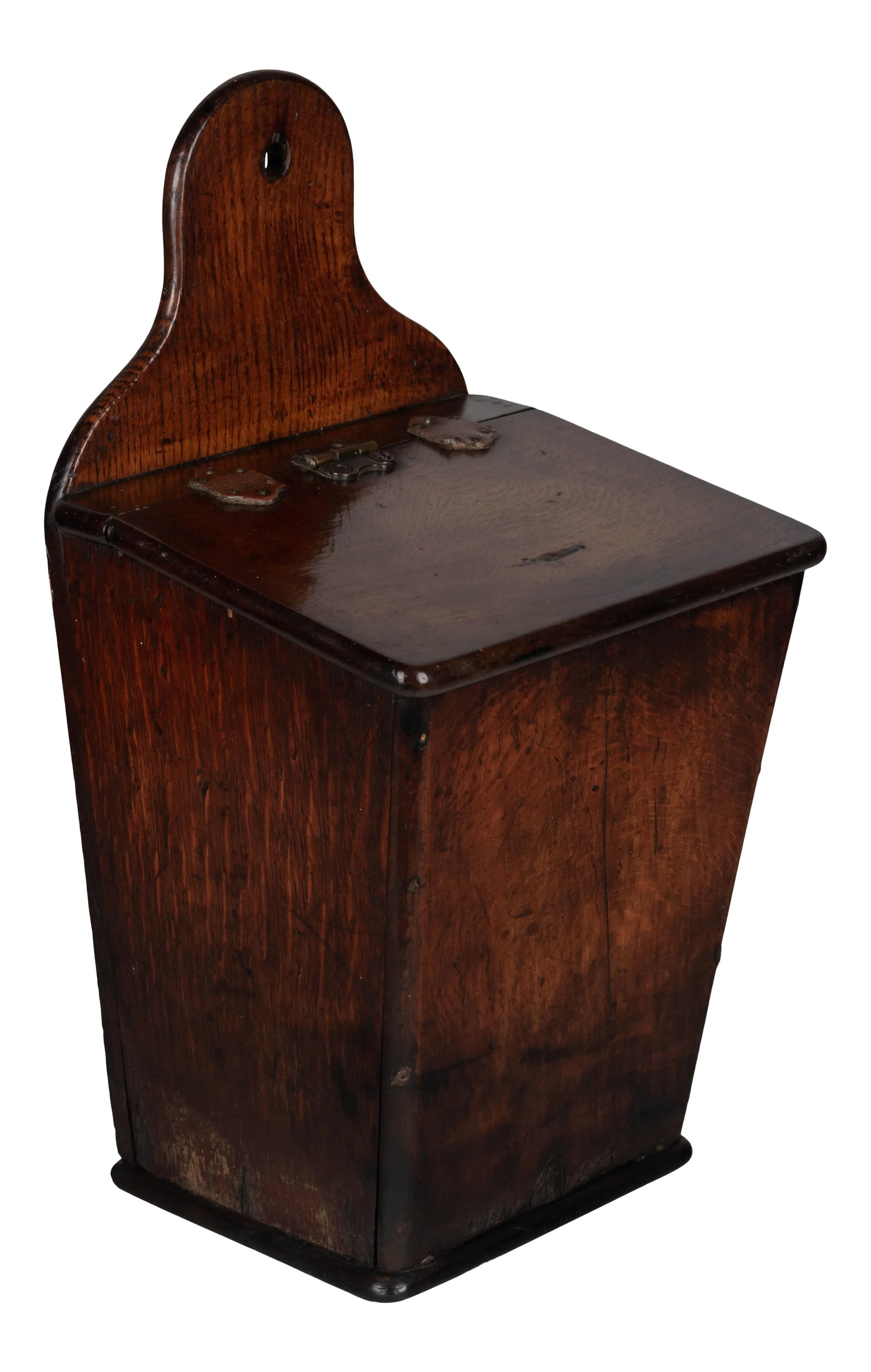 Early 19th Century French Boite Ã Sel or Salt Box: An early 19th century French boite Ã sel, or salt box, made of solid oak. Hinged lid with tacked leather tabs. A simple hand crafted box with nice proportions and beautiful patina. This