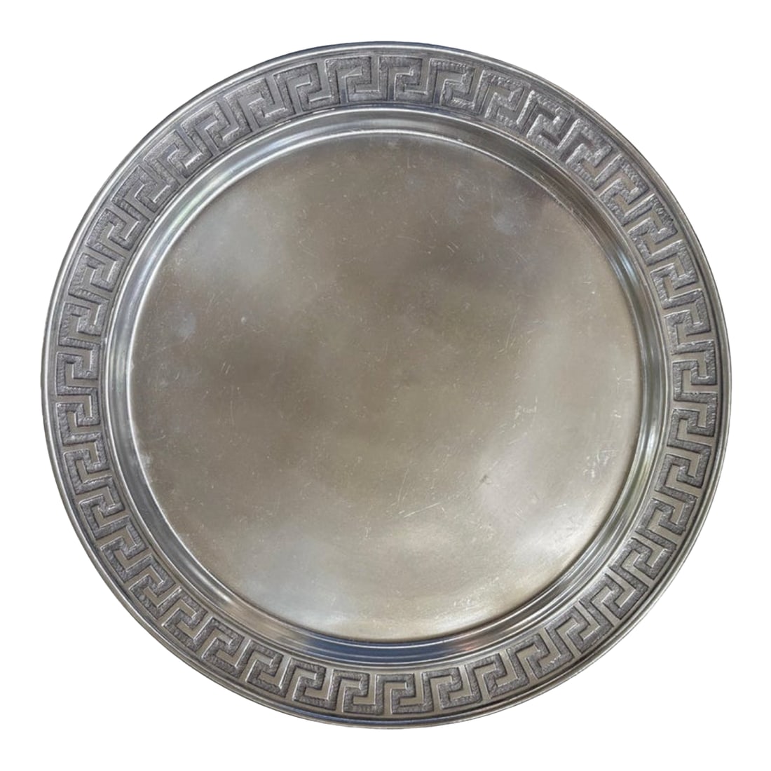 Late 20th Century Italian Tray With a Greek Key Design: Italian Tray With A Greek Key Design. Offered is a lovely round Italian pewter tray with a beautiufl Greek key design around the perimeter. This tray can be used as a serving tray for drinks,