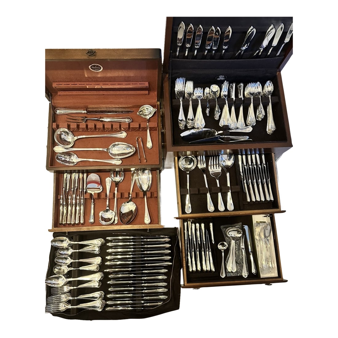 Mid 20th Century Christofle French Silverplate in the Spatours Pattern- 307 Pieces: Large collection of 307 pieces Christofle French silverplate flatware in the Spatours pattern. Mark used 1935-1983. Overall excellent almost new condition. Silver chests shown in photos are used only