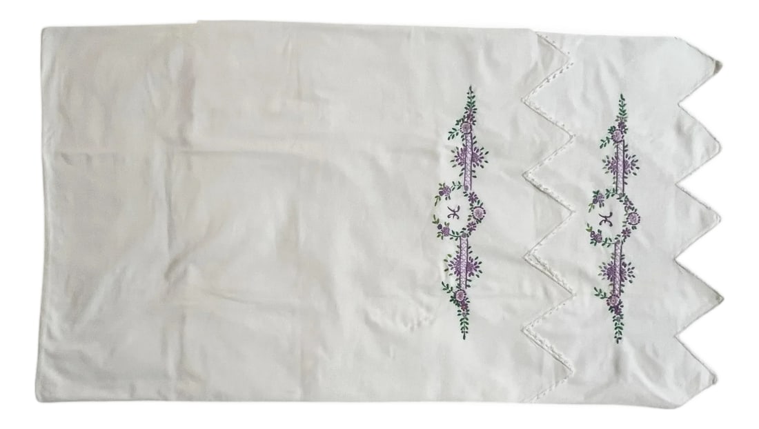 Vintage Handmade "H" Embroidered and Tatting Trim Pillowcase - A Pair: Beautifully handmade with colors of purple, green and initial "H". Large zig zag edge has handmade tatting trim. Appear to be hand made -made to order. Display only condition. Measures 21" x 19" one