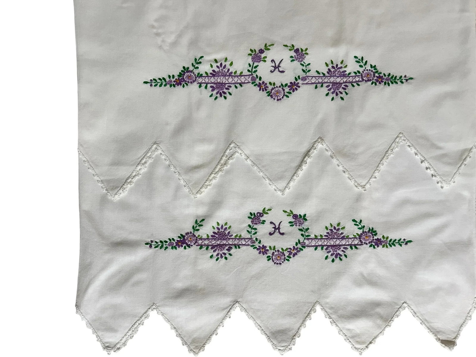 Vintage Handmade "H" Embroidered and Tatting Trim Pillowcase - A Pair - 2
