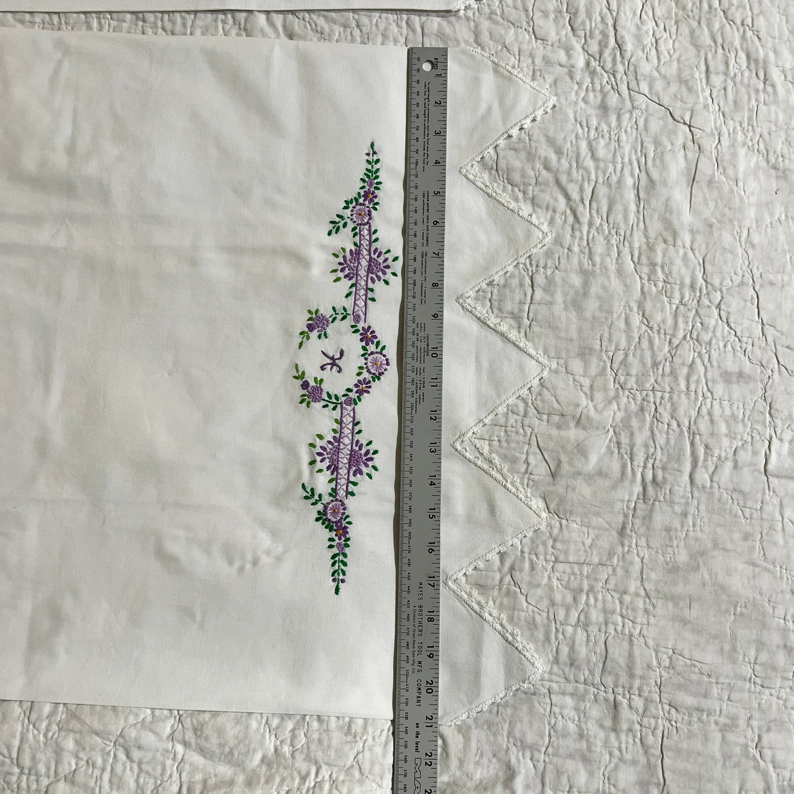 Vintage Handmade "H" Embroidered and Tatting Trim Pillowcase - A Pair - 5