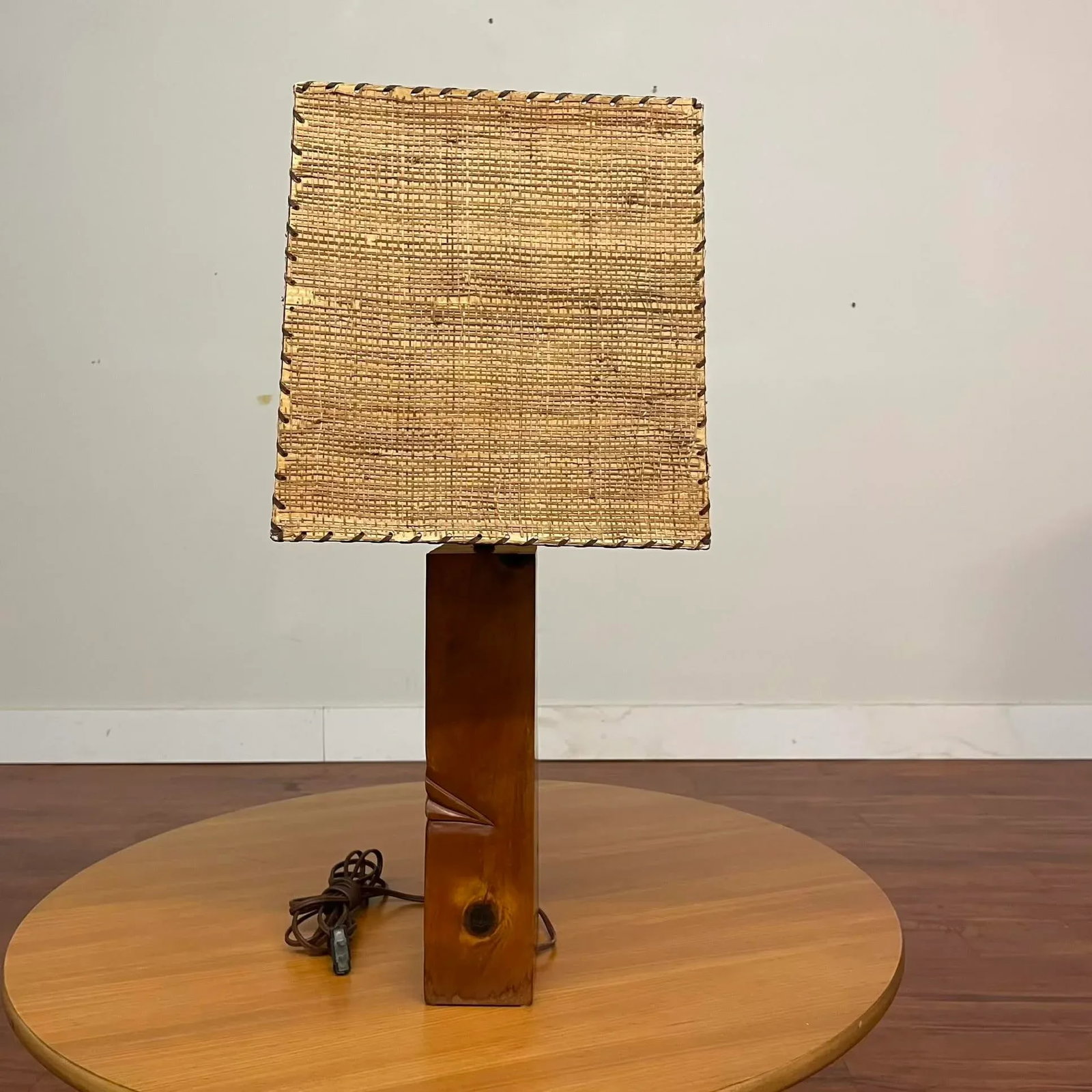Mid-Century Carved Wood Table Lamp With Original Parchment & Cane Shade - 10