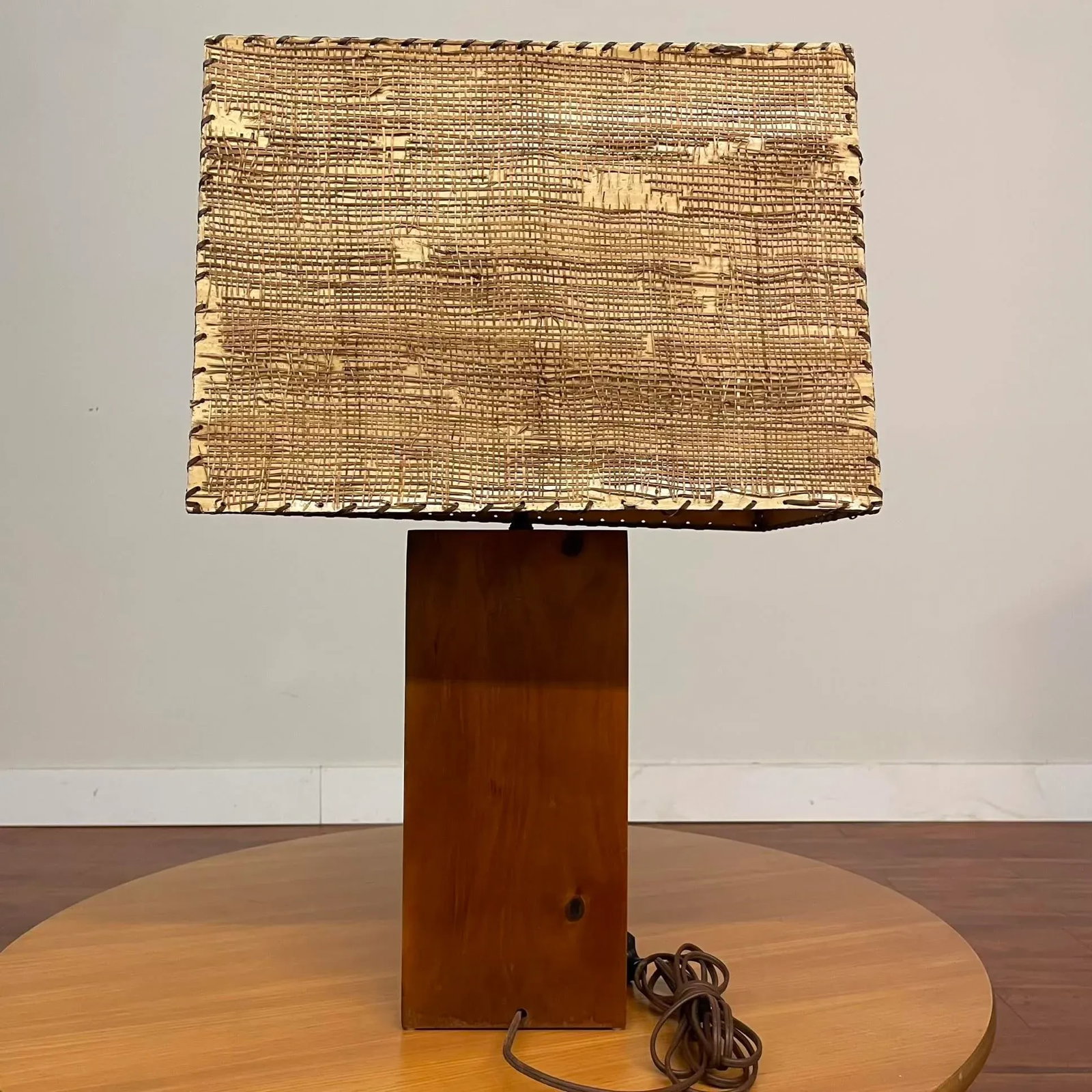 Mid-Century Carved Wood Table Lamp With Original Parchment & Cane Shade - 11