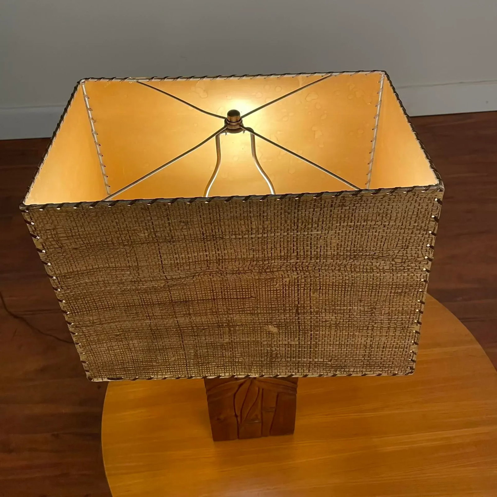 Mid-Century Carved Wood Table Lamp With Original Parchment & Cane Shade - 16