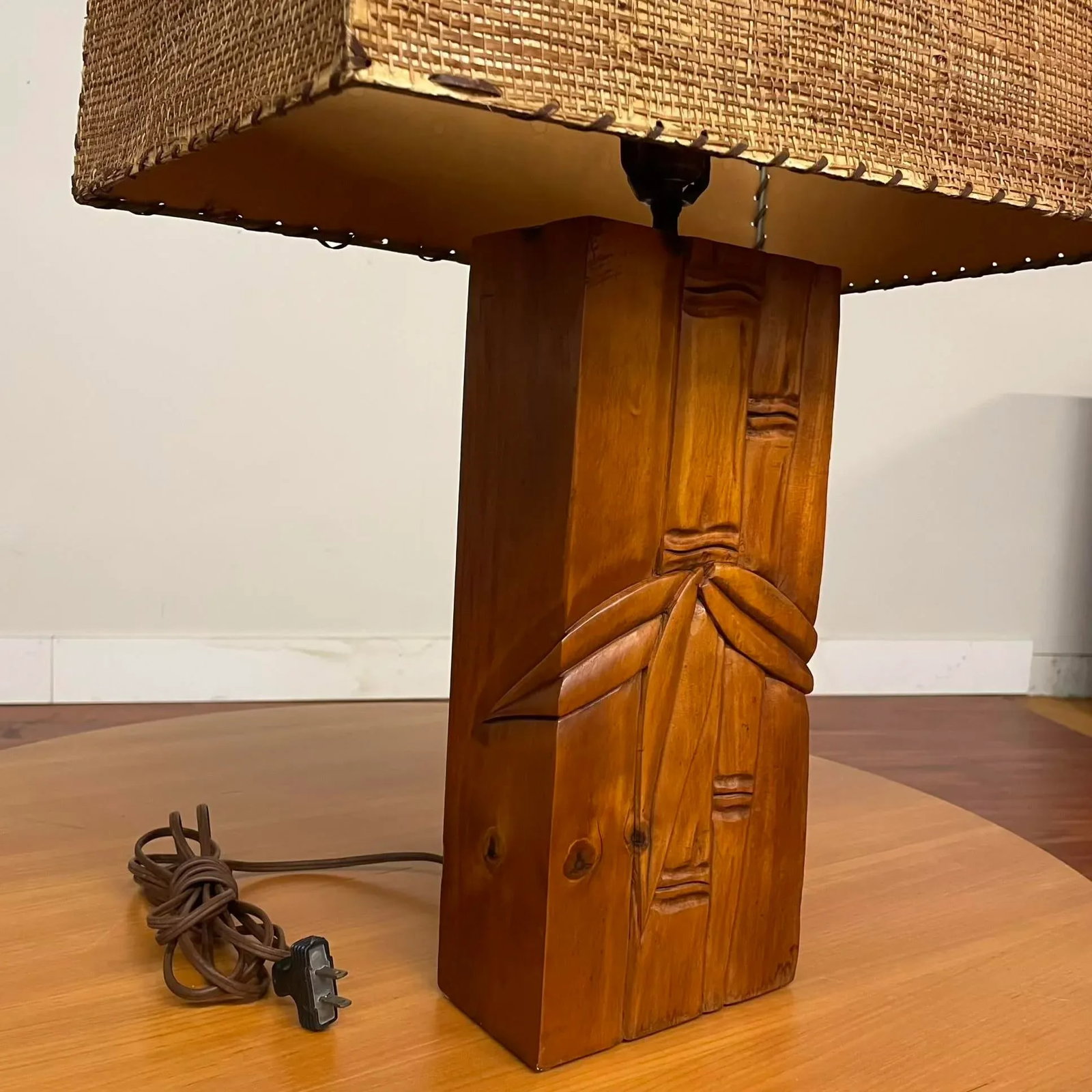 Mid-Century Carved Wood Table Lamp With Original Parchment & Cane Shade - 3